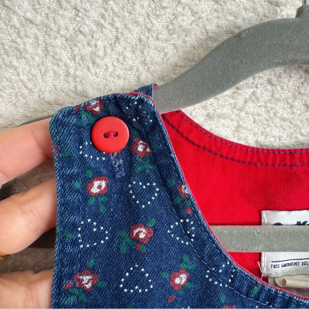 Vintage Osh Kosh B’Gosh‎ Denim Jumper Dress Red White Floral Heart Print Size 6